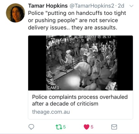 Tamar's Tweet re police assault